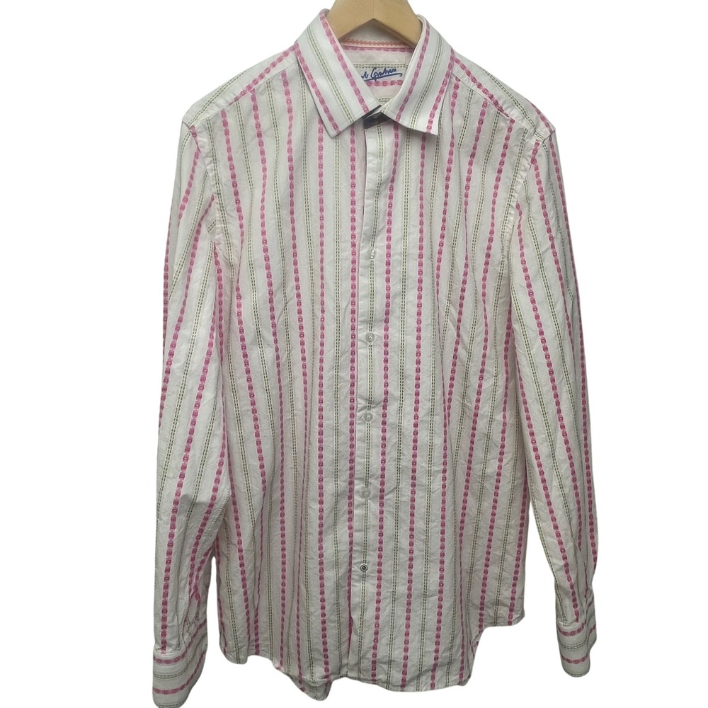 Robert Graham Pink Yellow Striped Large 16 1/2 Embroidered Cuff Shirt Artsy